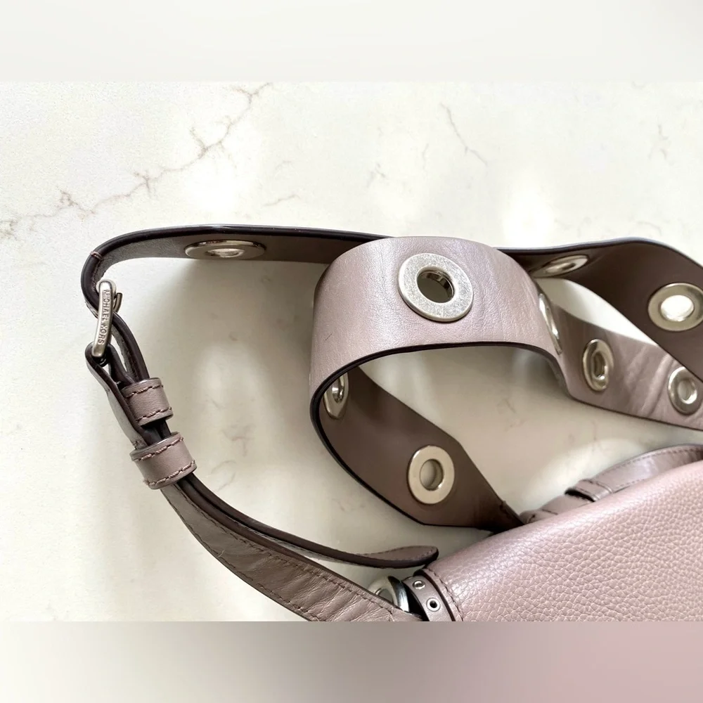 Michael Kors Brooklyn Leather Medium Crossbody Saddle Bag with Studs and…